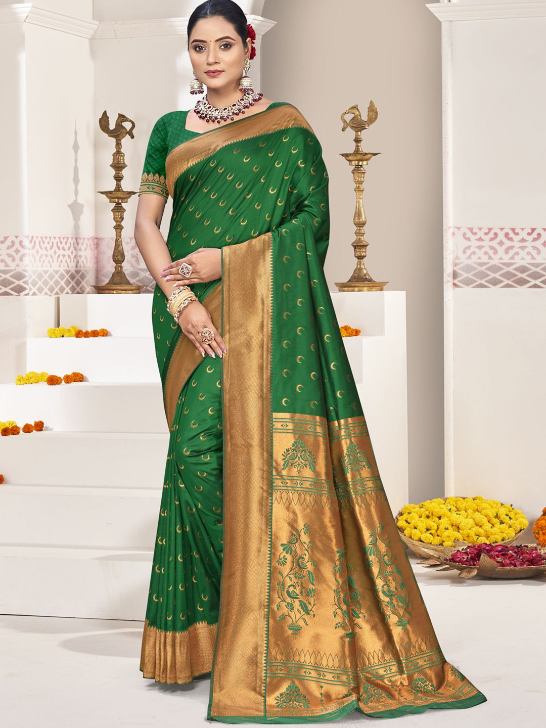 DEVATITHI Woven Design Zari Dark Green Silk Saree