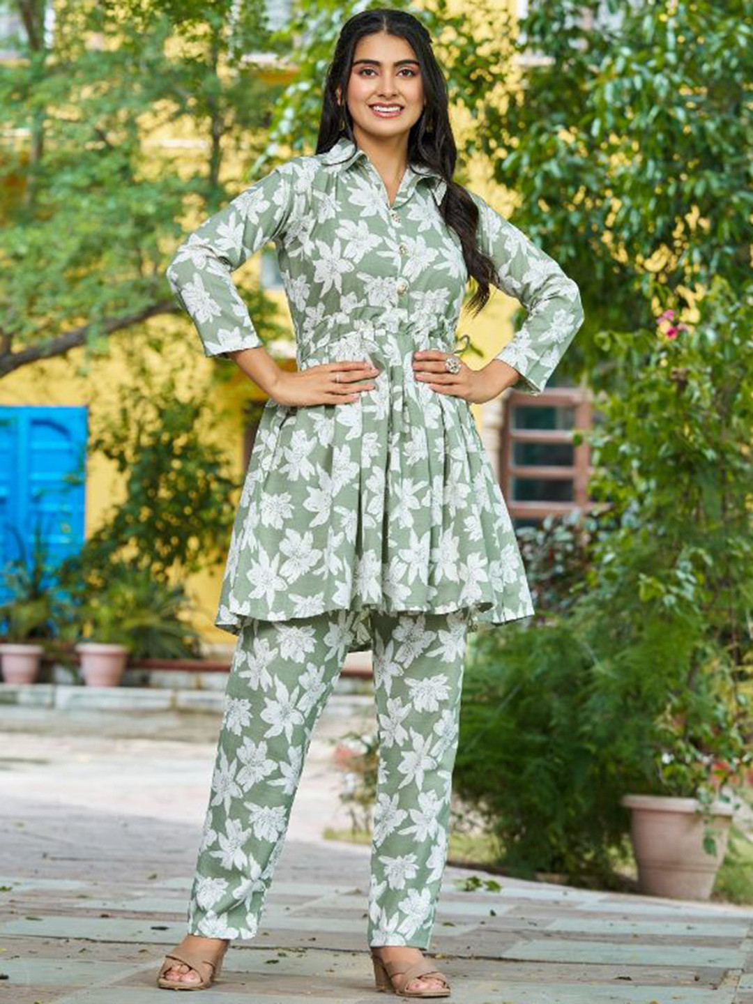 GRISHU COLLECTION Pure Cotton Printed Shirt Collar Tunic With Trousers