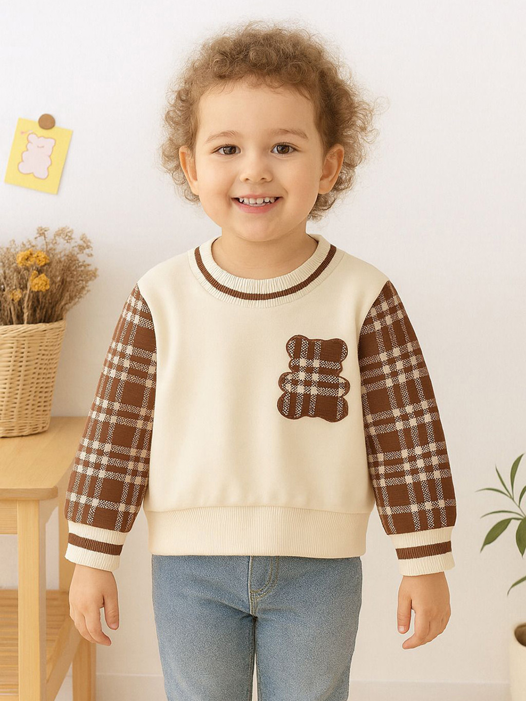 NEUDIS Girls Cream & Brown Check Sleeve Sweatshirt Bear Applique Design