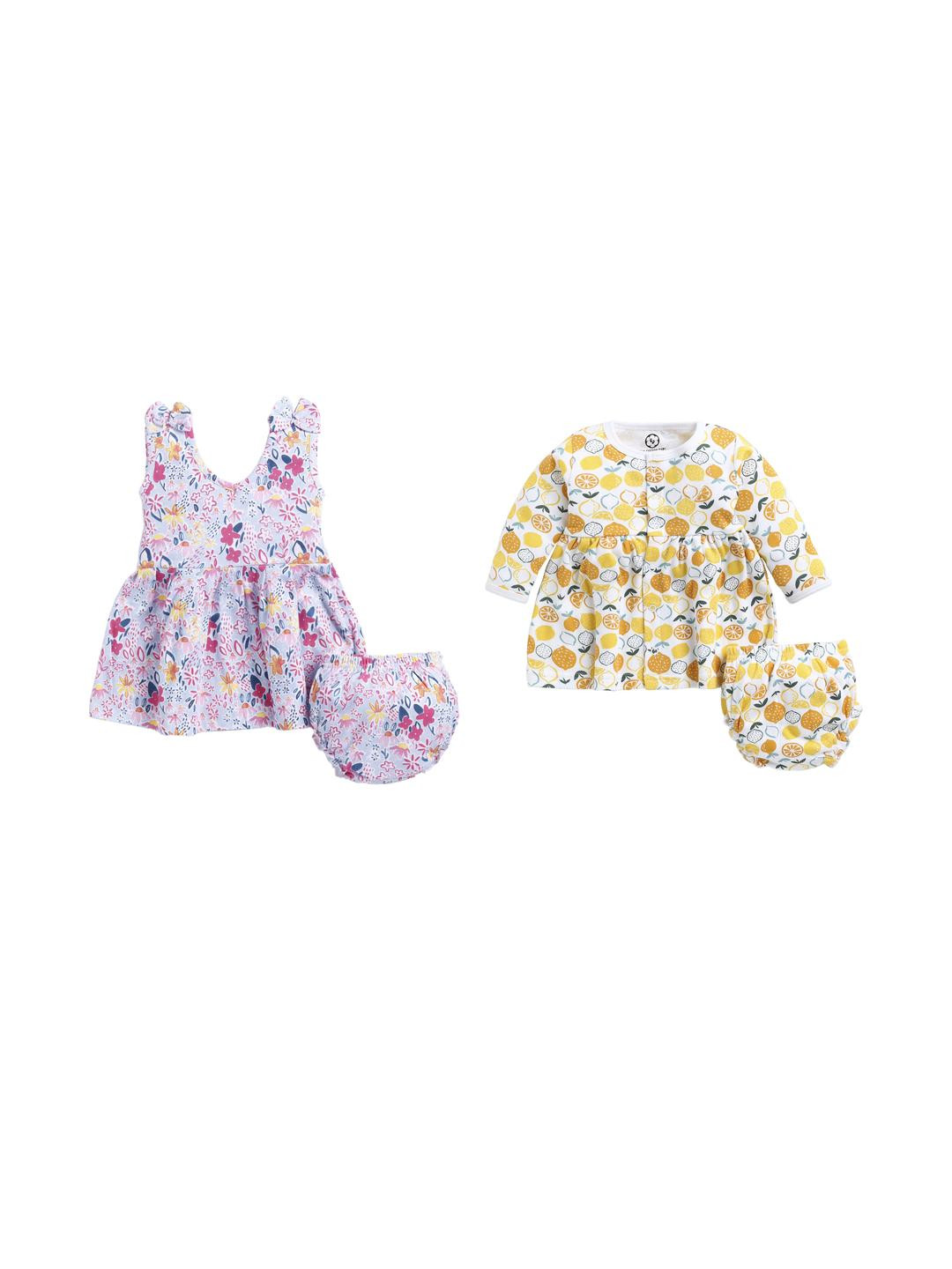 THE COTTON BABY Infant Girls Pack of 2 Printed A-Line Dresses With Bloomers