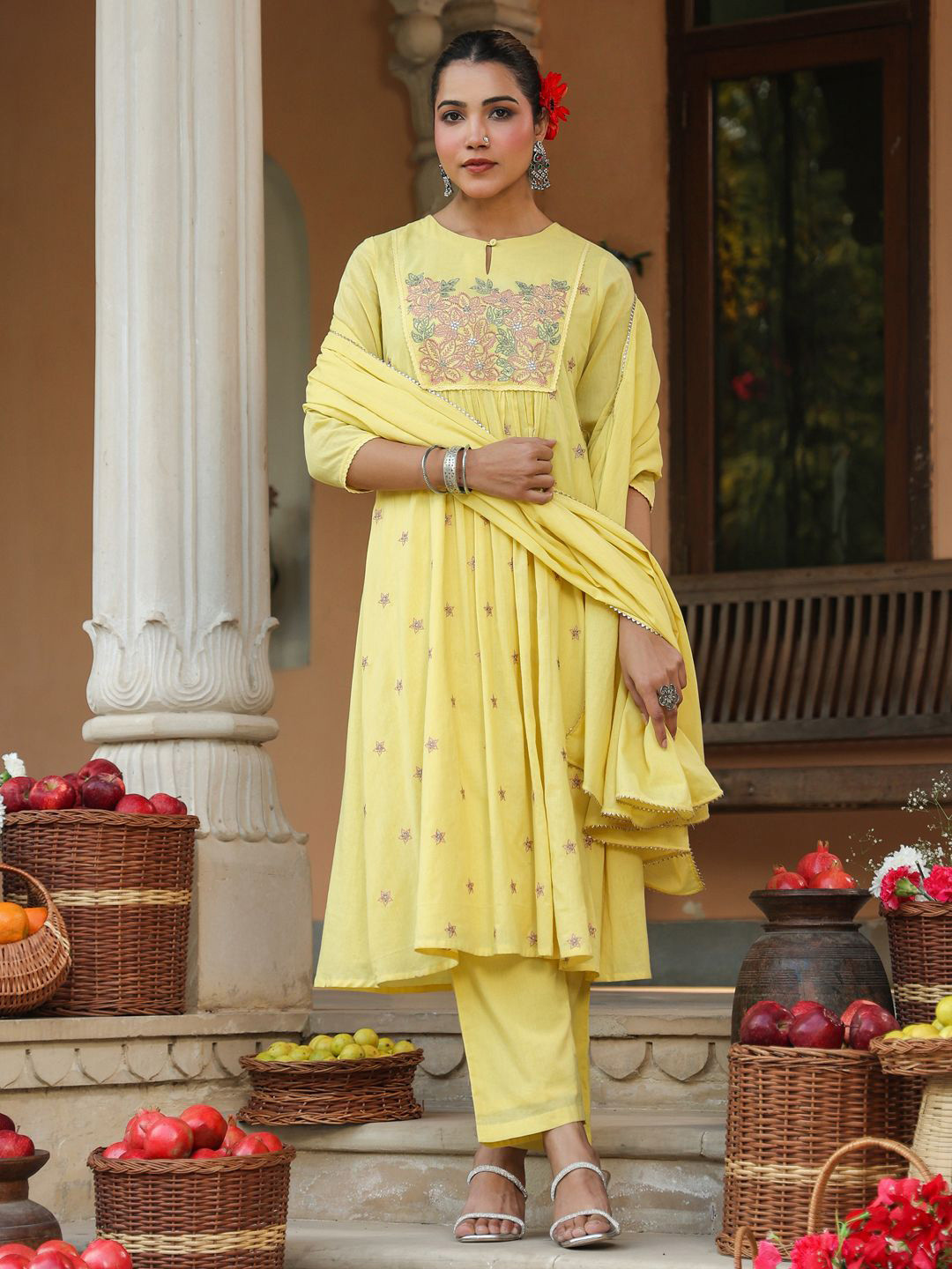 Janasya Women Yellow Embroidered A-line Pure Cotton Kurta Set