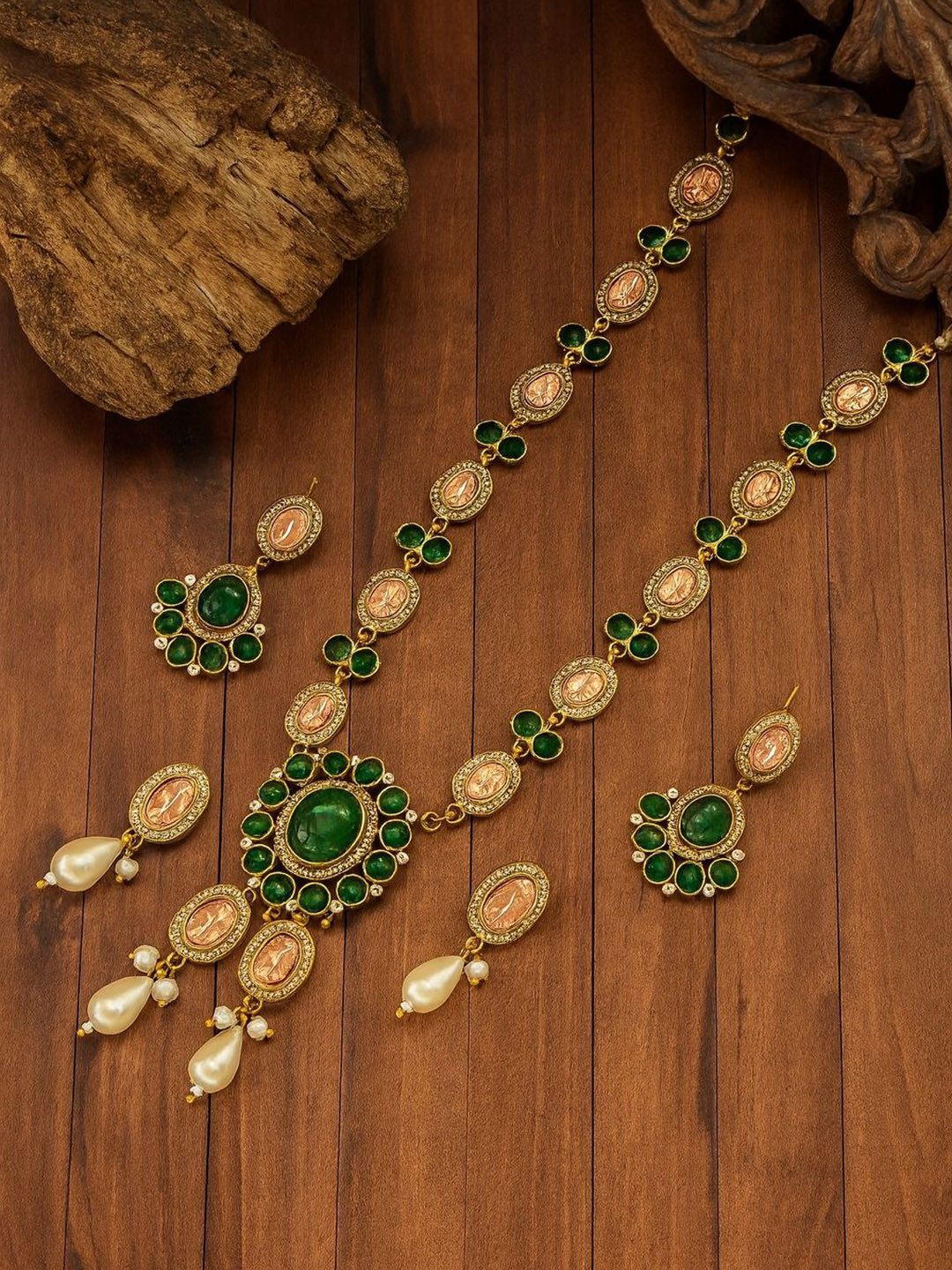 TJC Gold Plated American Diamond Studded & Pearls Beaded Jewellery Set