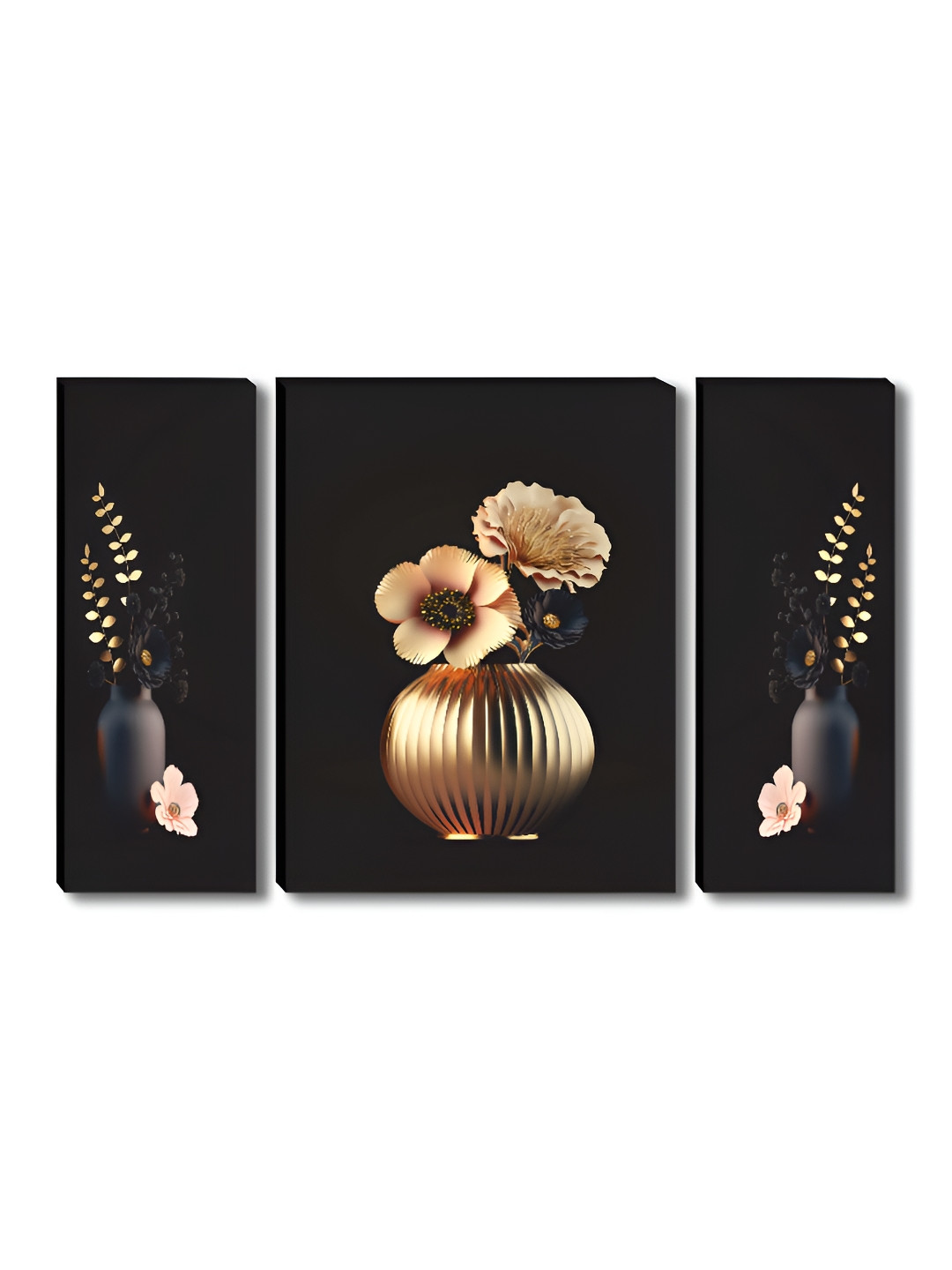 SAF Black & Gold-Toned 3 Pieces Vase Floral Wooden Wall Arts