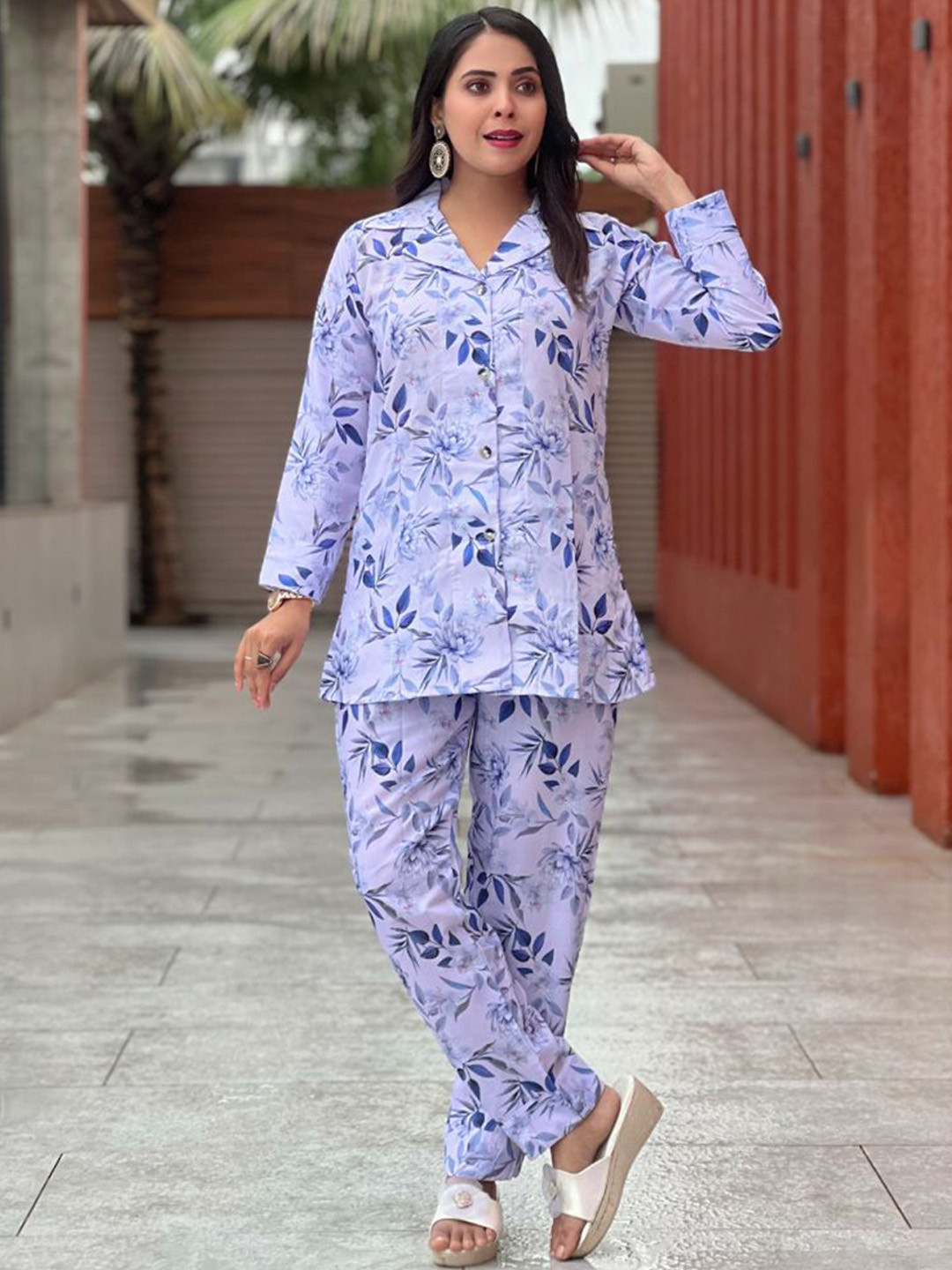 GRISHU COLLECTION Floral Printed V-Neck Pure Cotton Shirt With Trousers