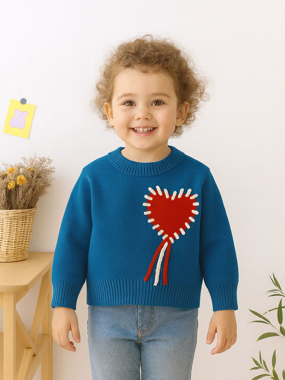 NEUDIS Kids Blue Heart Pattern Knit Sweater, Crew Neck, Long Sleeve