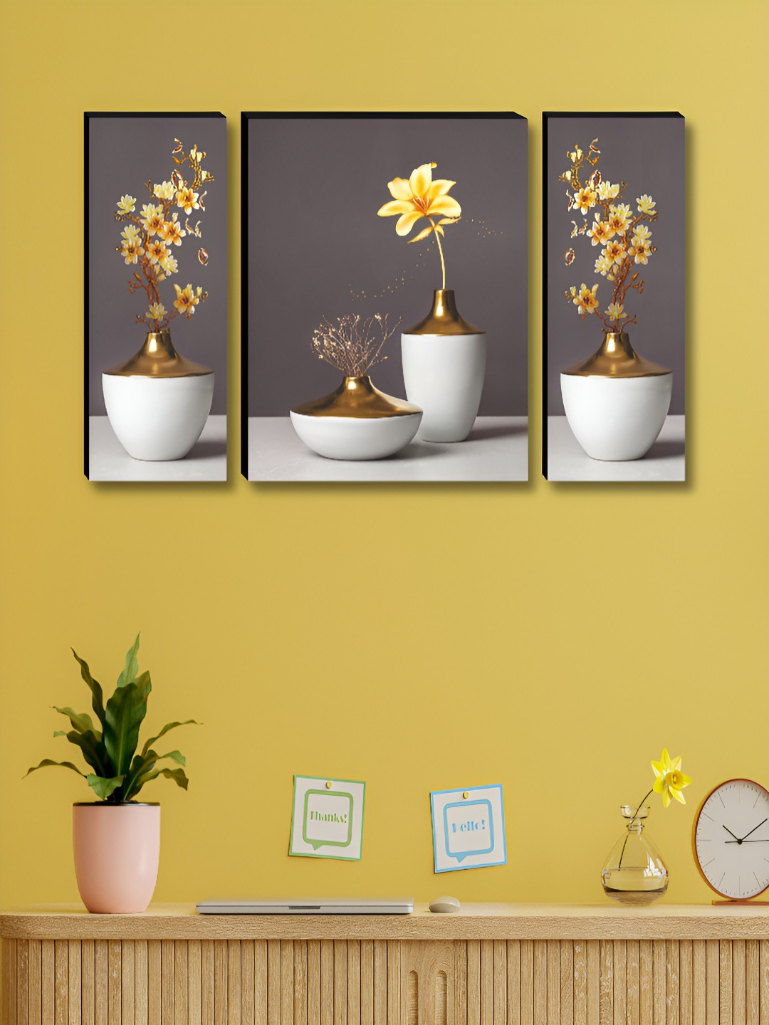 SAF Grey & Yellow 3 Piece Wooden Wall Living Room