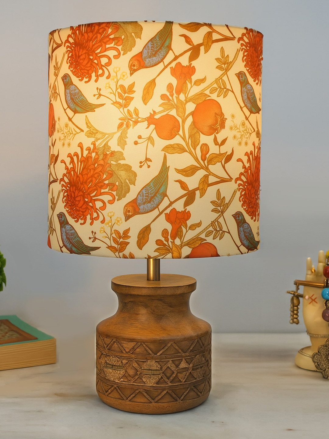 Homesake Orange-Coloured & Brown Printed Fabric Shade With Wooden Base Table Lamp