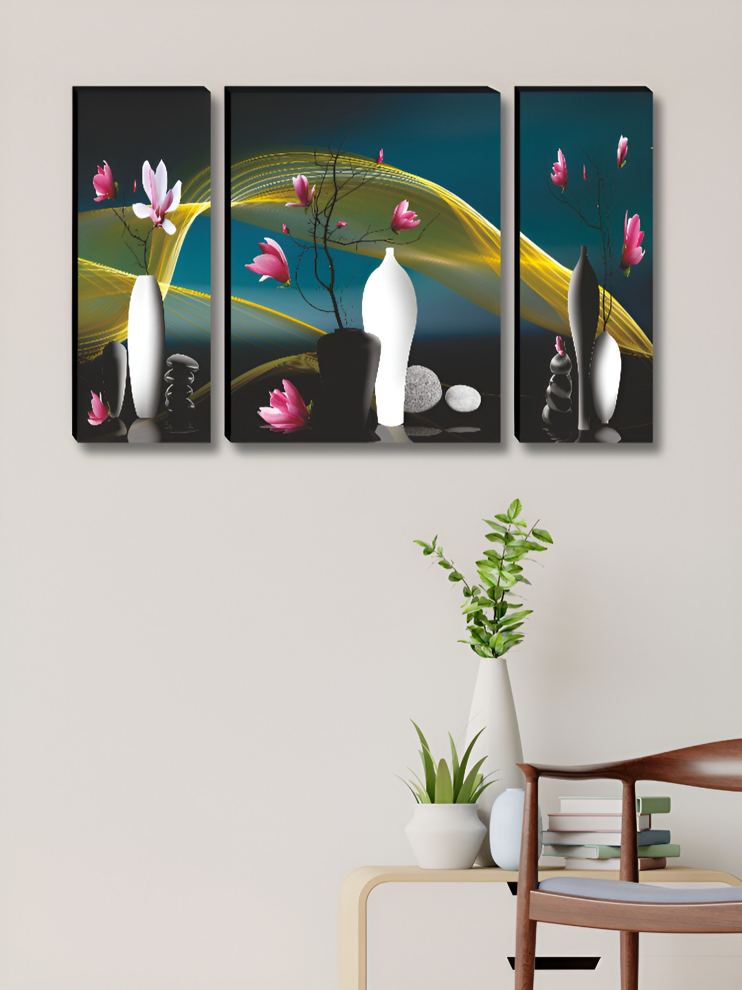 SAF Pink & Yellow 3 Pieces Modern Abstract Floral Vase Wall Arts With Blossoms