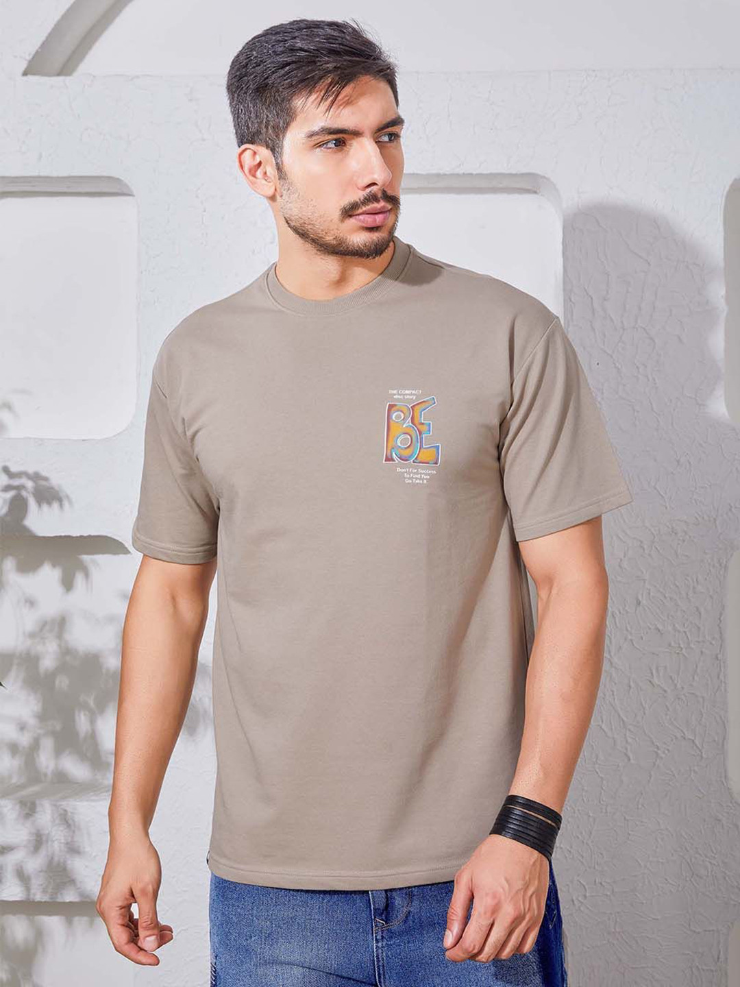 PRORIDERS Men Cotton Printed Round Neck Grey T-shirt