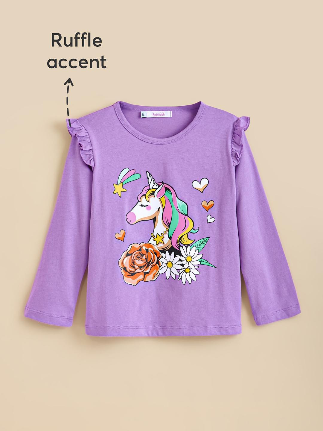 Hopscotch Boys Purple Garden Glow Unicorn Round Neck Cotton T-shirt