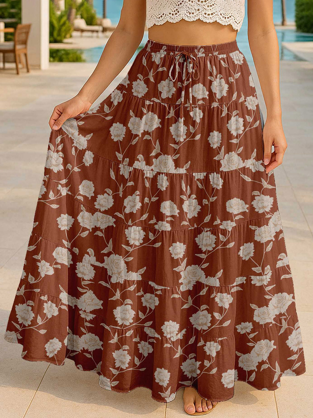 Moomaya Floral Printed Pure Cotton Tiered Maxi Summer Skirt