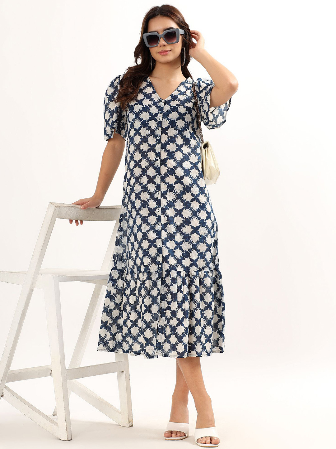 Avor Lifestyle Floral Print V-Neck Flared Sleeves Cotton A-Line Midi Dress