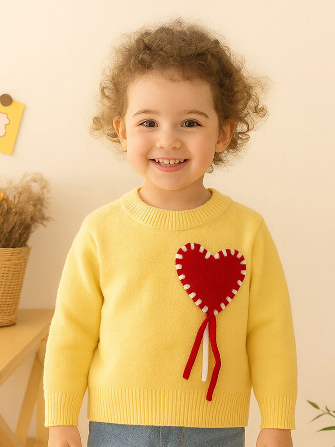 NEUDIS Kids Yellow Heart Pattern Knit Sweater Crew Neck Long Sleeve