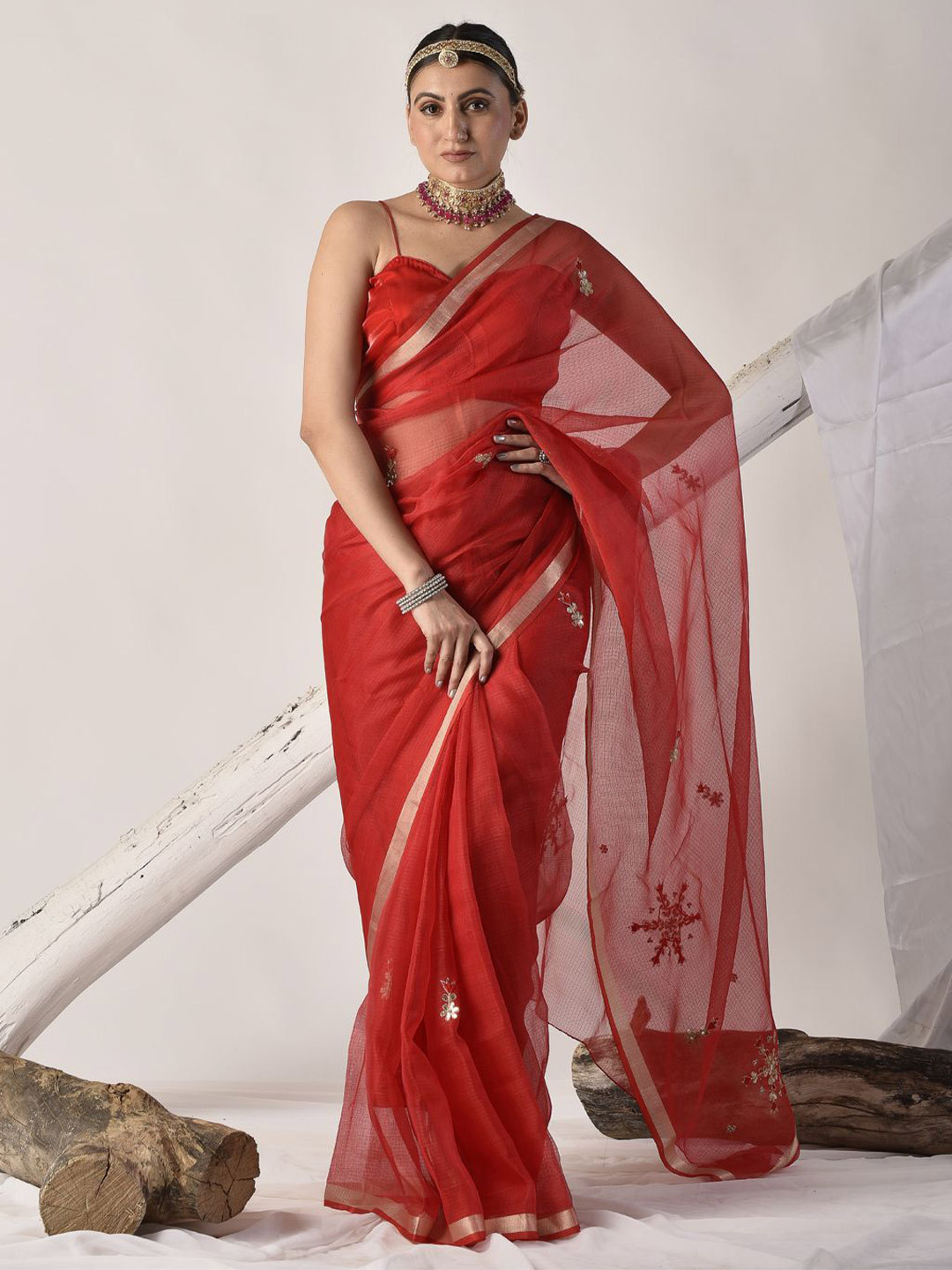 sutra attire Red Kota Silk Hand Embroidered Saree