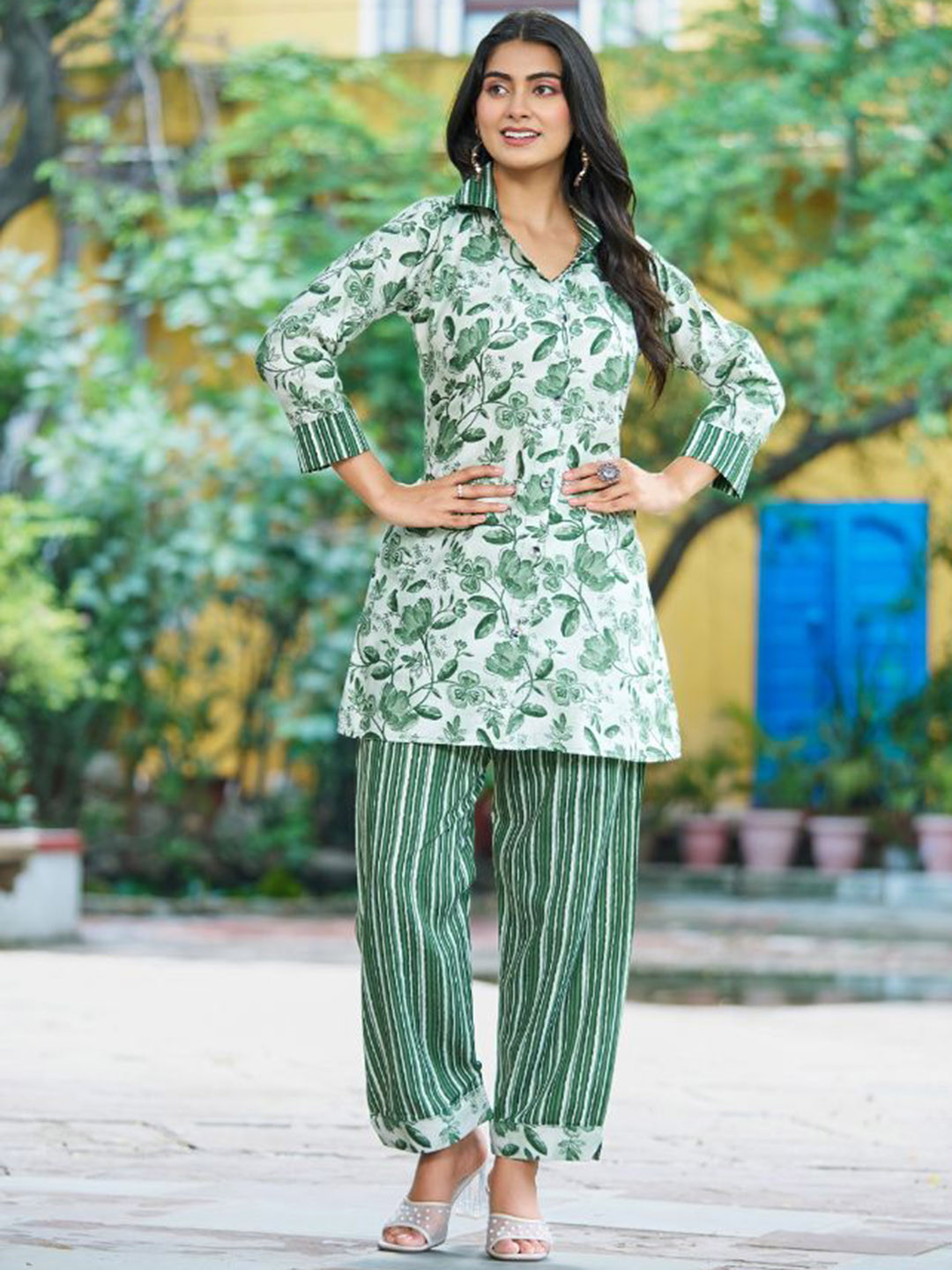 GRISHU COLLECTION Floral Printed V-Neck Pure Cotton Shirt With Trousers