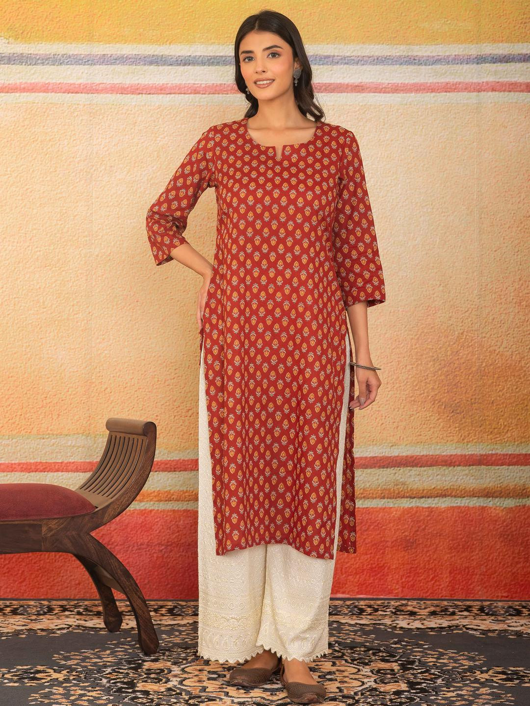 LABEL ADRIJA Women Pure Cotton Block Print Straight Three-fourth Sleeves Kurtas