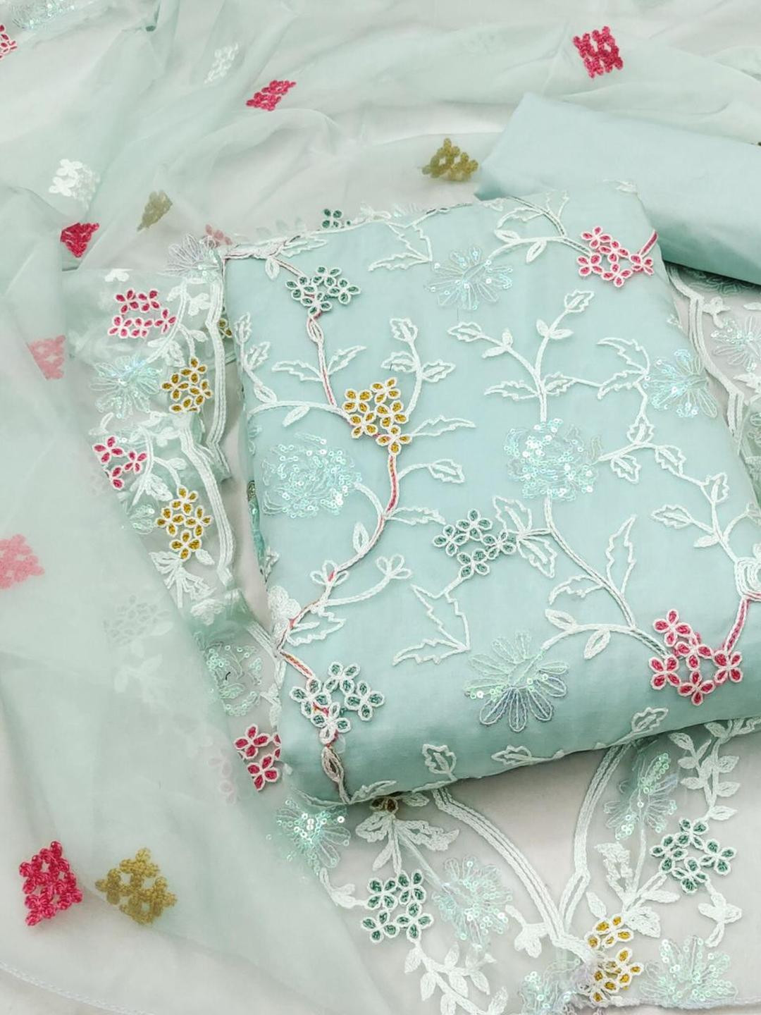 KALINI Women Sea Green Embroidered Floral Dress Material