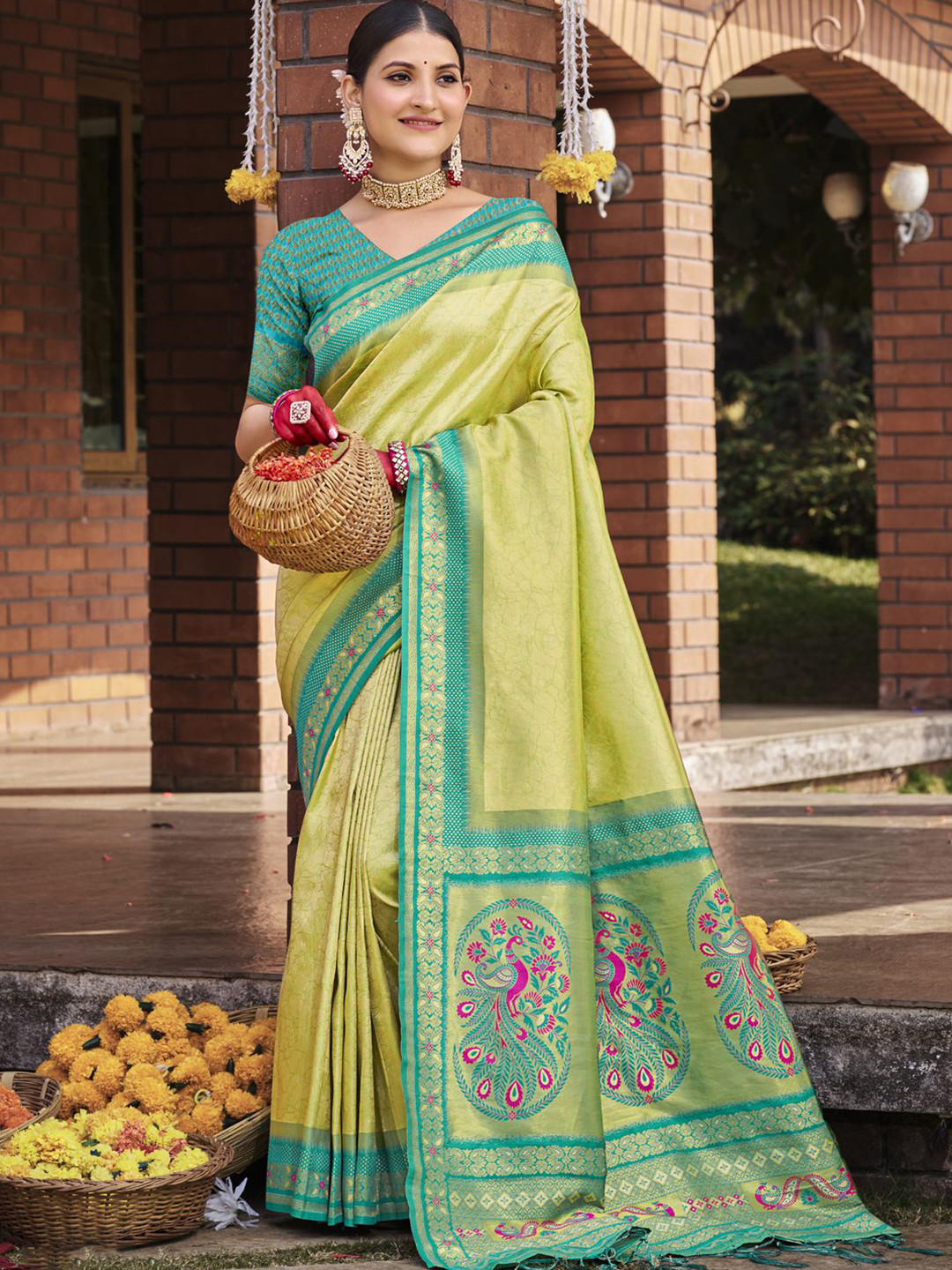 DEVATITHI Mint Green Printed Woven Design Zari Border Silk Saree