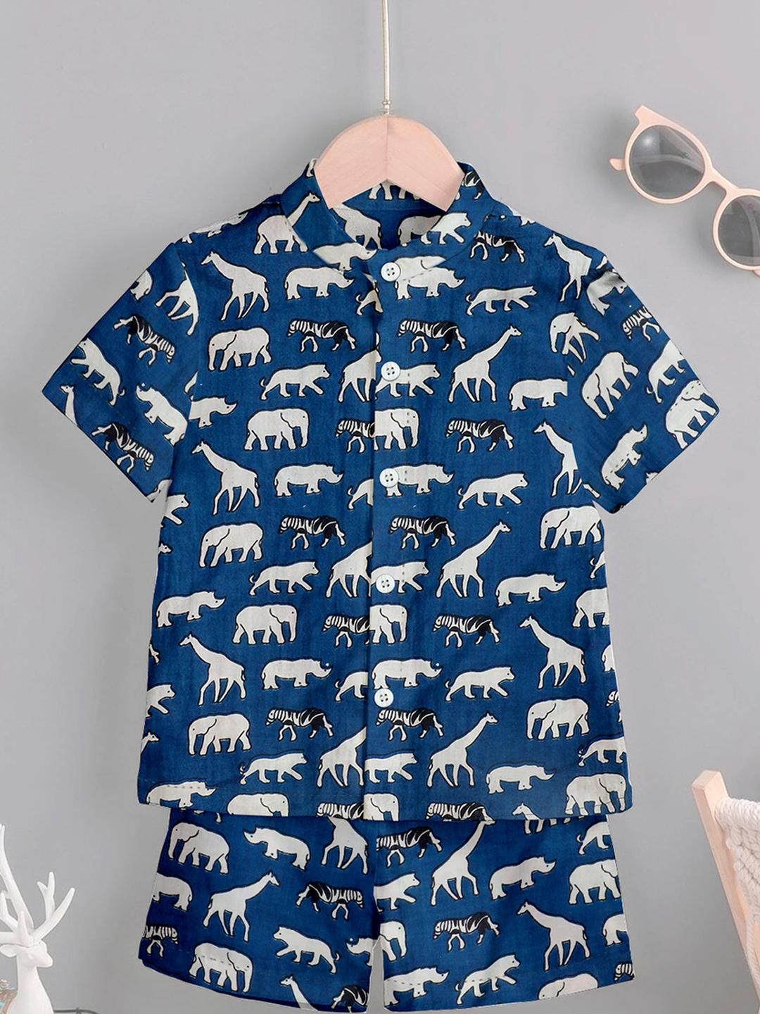 YK Boys Blue Animal Printed Cotton Blend Shirt and Short Pant Set