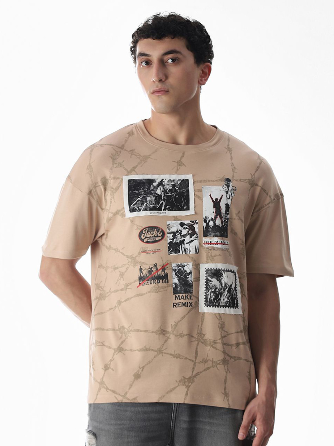 Jack & Jones Men Photographic Printed Round Neck Oversized Pure Cotton T-shirt