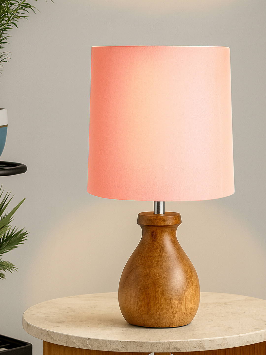 Homesake Brown & Pink Textured Wooden Cylindrical Shaped Vintage Table Lamp with Bulb