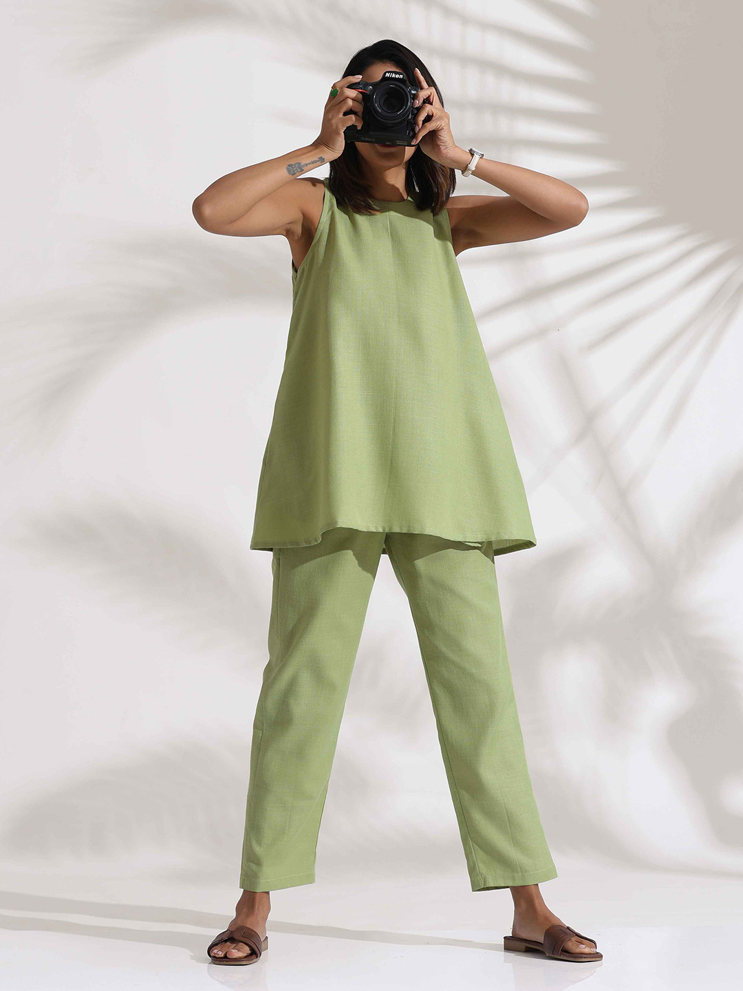 trueBrowns Green Slub Round Neck Co-ord Set