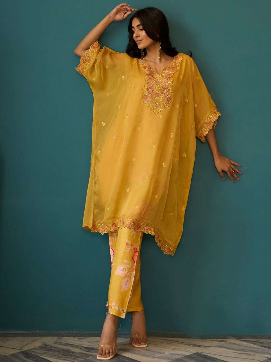 AUTUMN LANE Aster Amber Embroidered V-Neck Tunic With Trousers Co-Ords Set