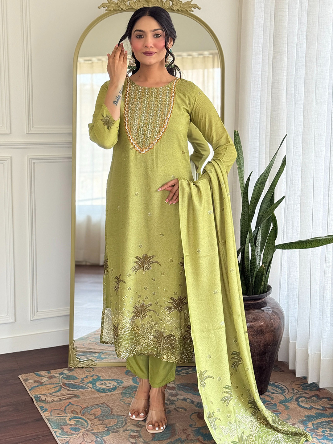 Pantos Floral Embroidered Thread Work Chanderi Cotton Kurta With Trousers & Dupatta