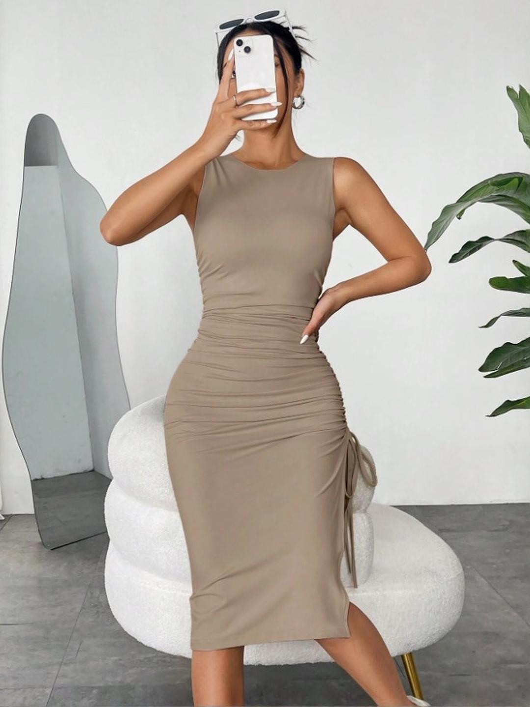 HERE&NOW Women Beige Sleeveless Bodycon Dress