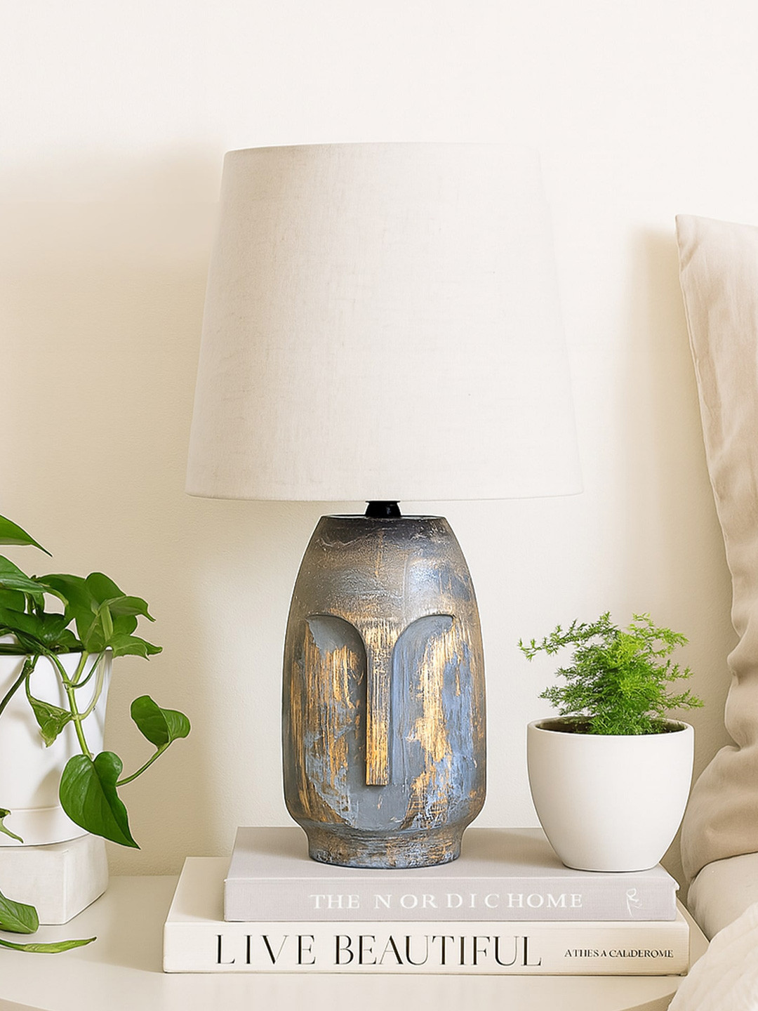 Homesake Grey Wooded Contemporary Cylinder Table Lamp