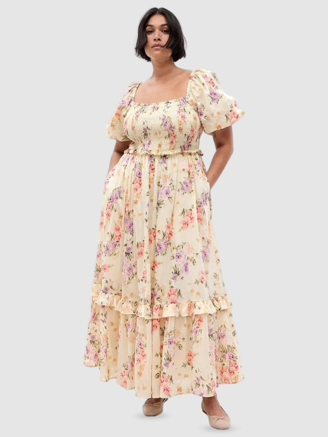 GAP Women Floral Printed Square Neck Puff Sleeves Smocked Tiered Pure Cotton Maxi Dress