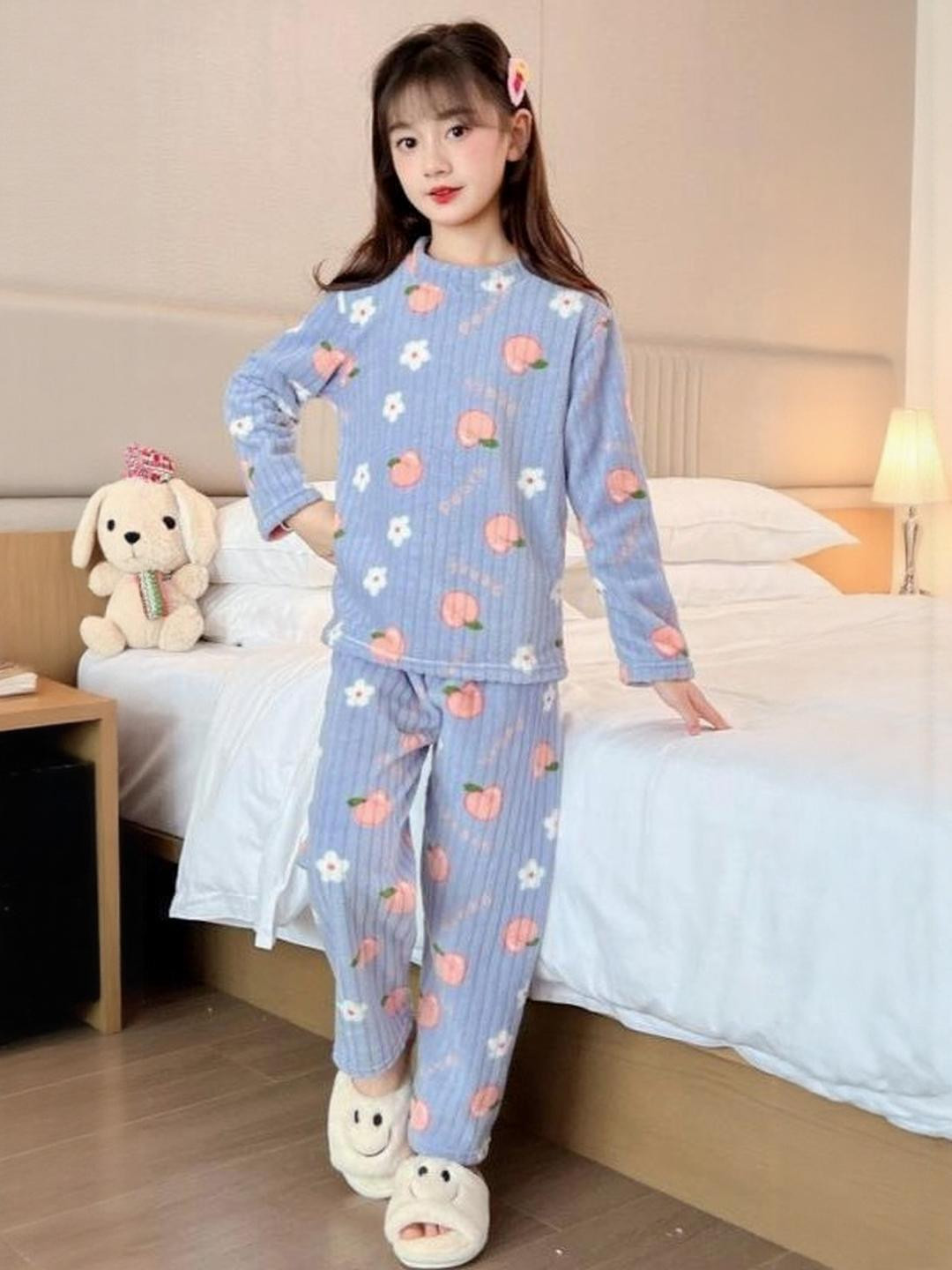 FITIN OUTFIT Girls Blue Wool Blend Solid Clothing Set