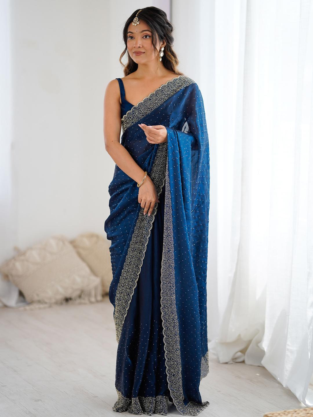 Anouk  Women Teal Blue Embellished Beads and Stones Satin Designer Saree