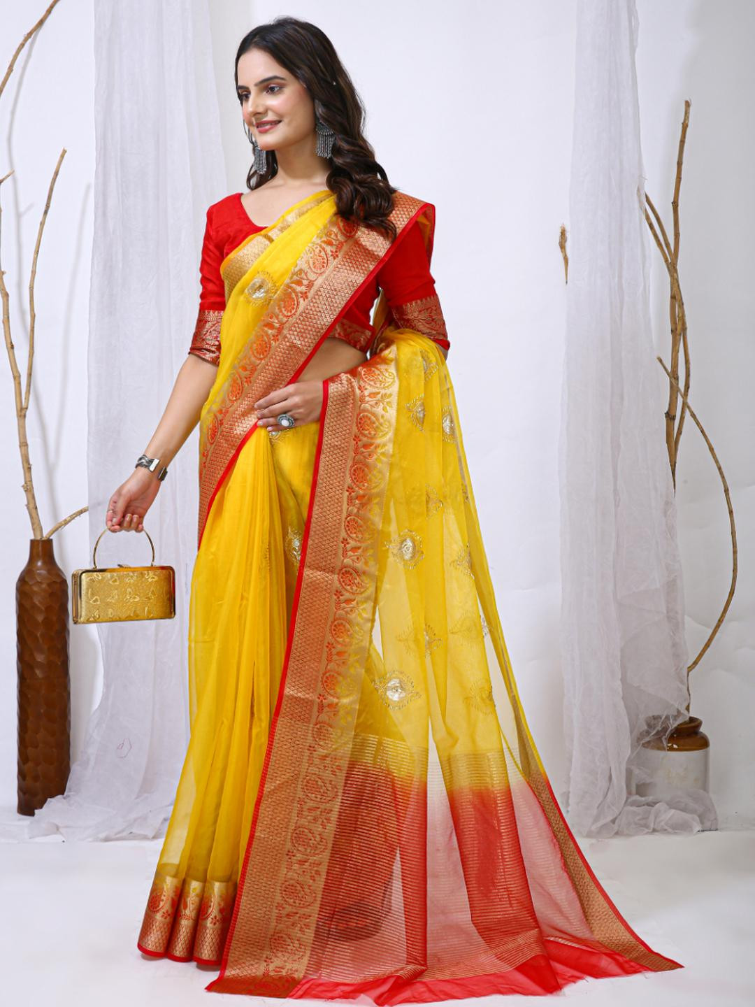 HERE&NOW Women Yellow Organza Saree