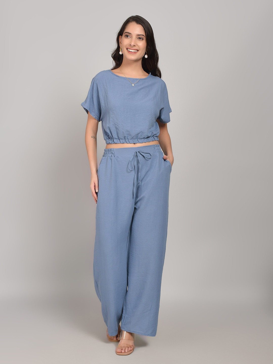 Lugo Women Blue Cotton Blend Co-Ords