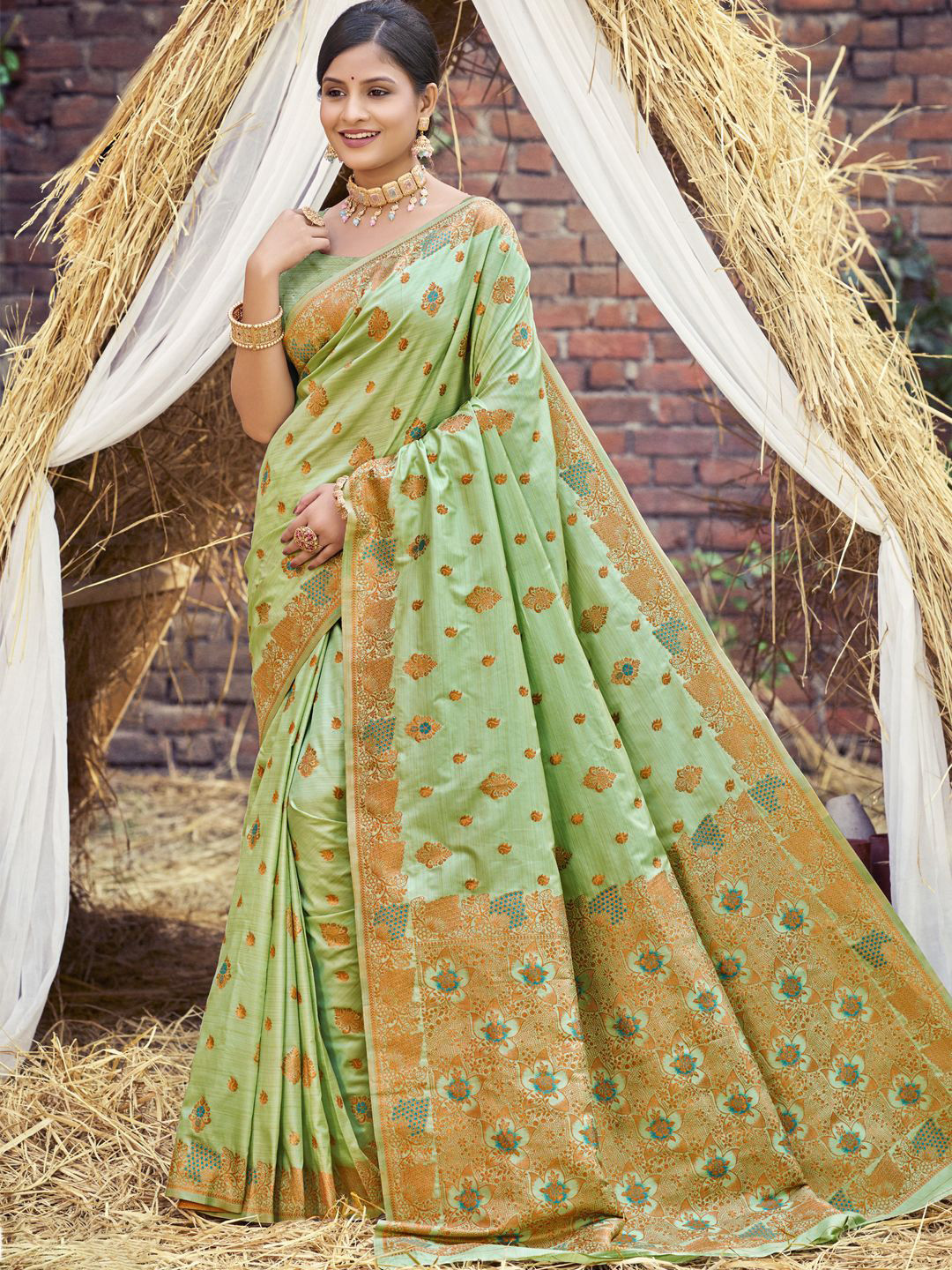 DEVATITHI Light Green Woven Design Zari Silk Saree