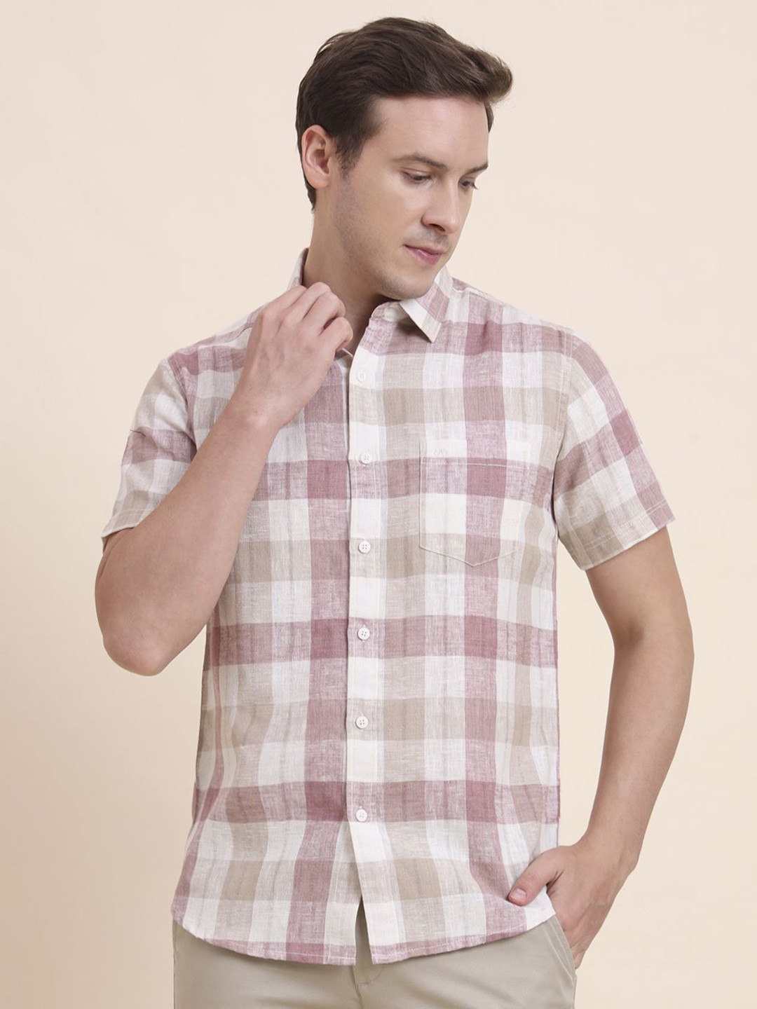 JADE BLUE Gingham Checked Spread Collar Pure Cotton Slim Fit Shirt