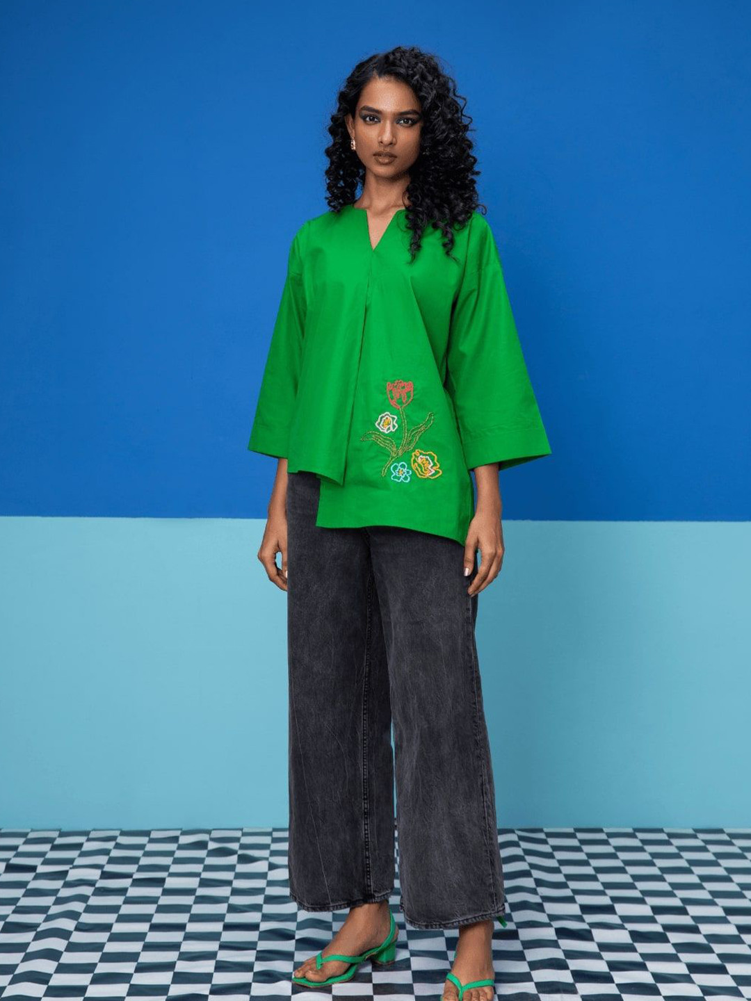 Stylefables Floral Embroidered High-Low Regular Fit Shirt