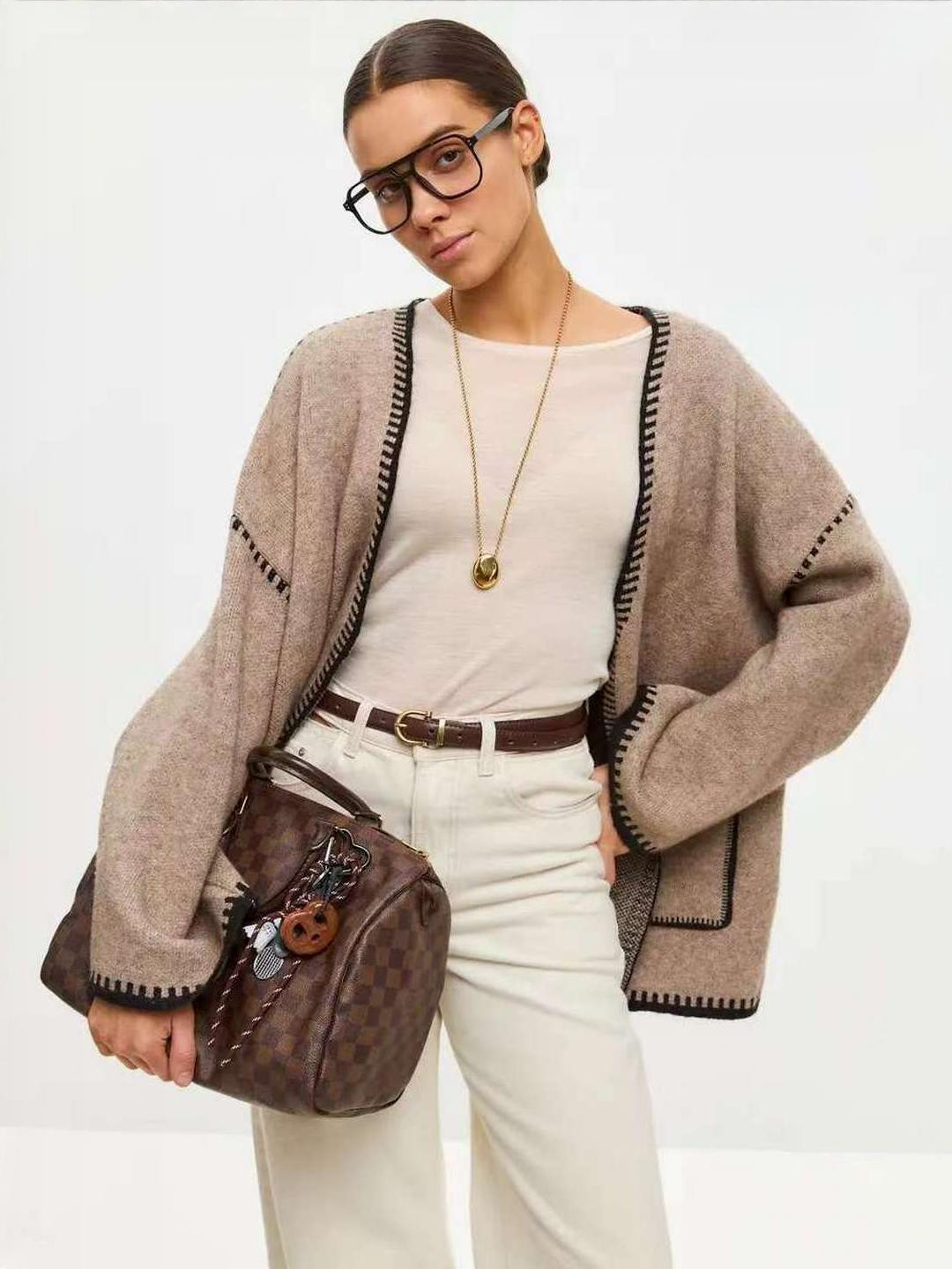HERE&NOW Women Beige Contrast Trim Longline Cardigan with Belt
