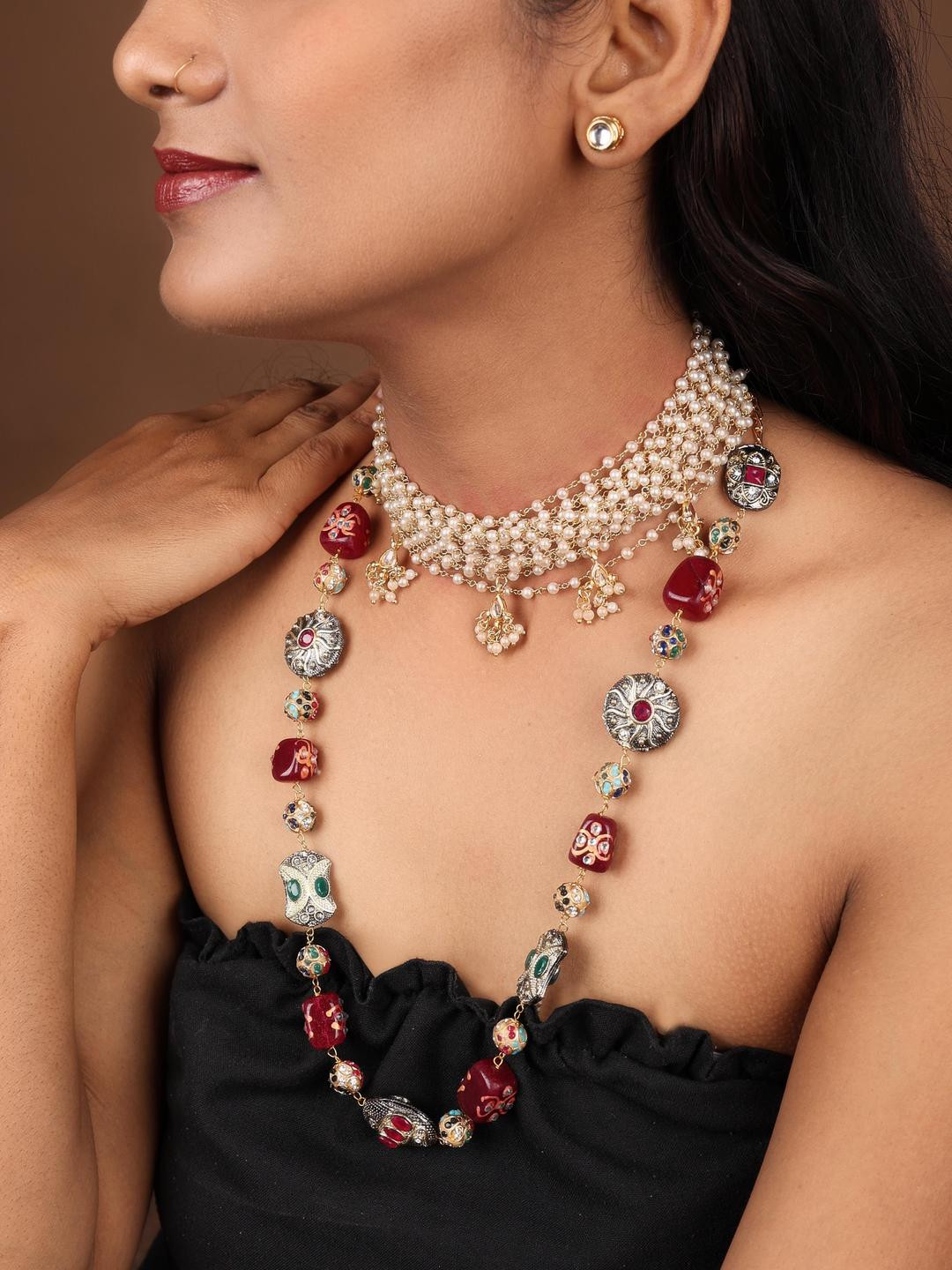 GEO JEWELS Layered Pearl & Antique Bead Long Necklace & Earring Set