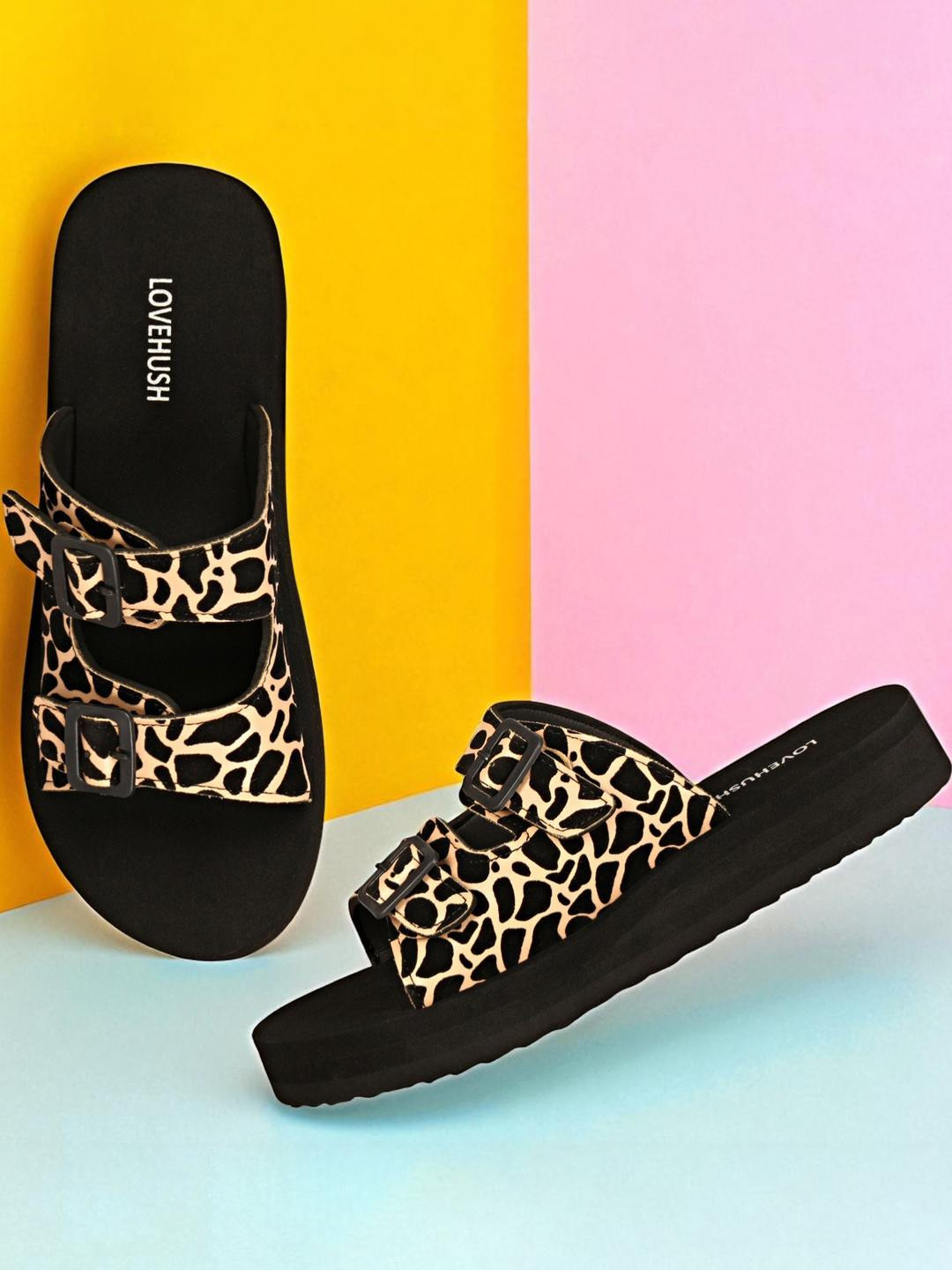 LOVEHUSH Women Black & Beige Doctor Ortho Animal Print Sandals