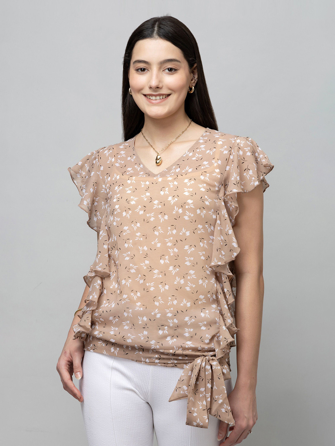PURYS Floral Print Ruffles Georgette Top