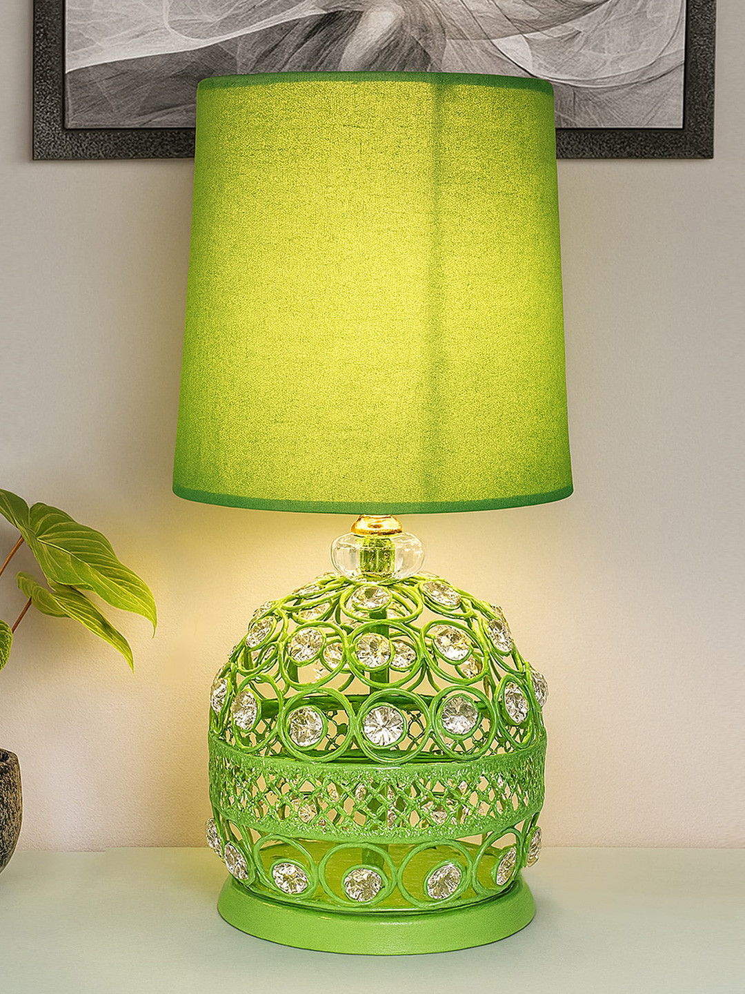 Homesake Green Frustum Shaped Crystal Metal Table Lamp