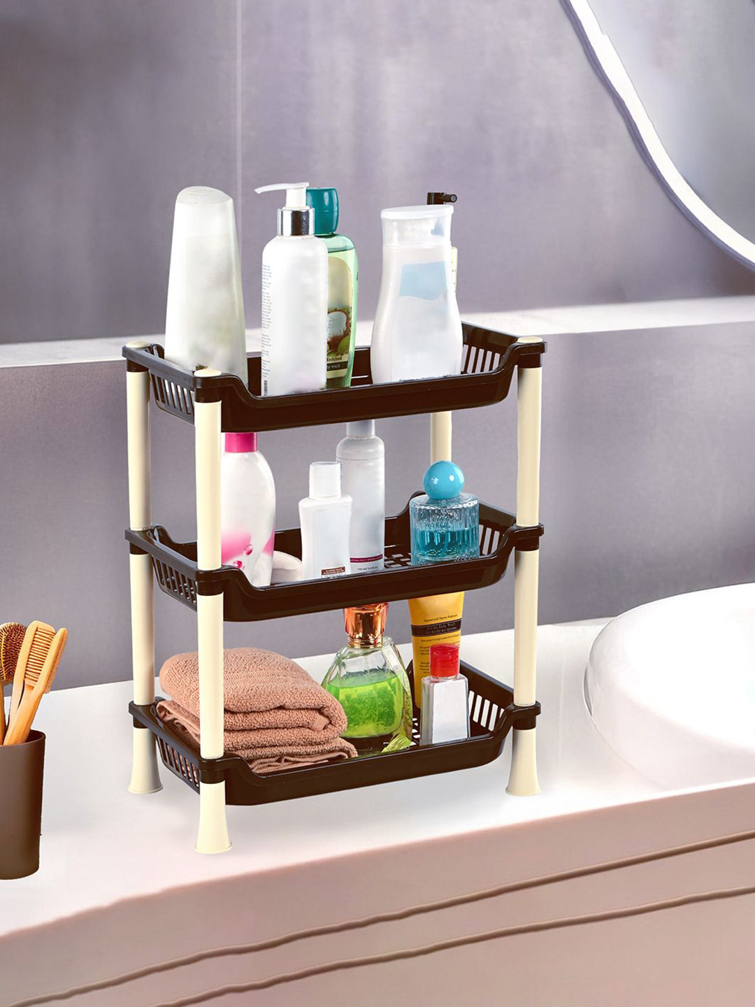 Kuber Industries Brown & Beige Foldable 3-Layer Multipurpose Plastic Organizer