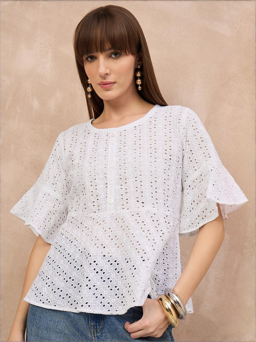 Moda Rapido Women White Solid Cotton Schiffli Bell Sleeve Embroidered Top