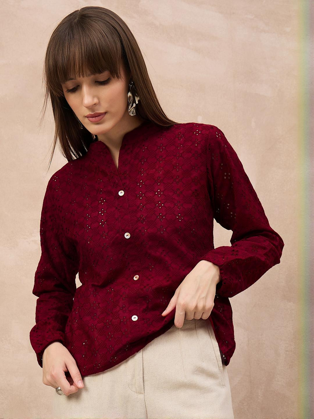 Moda Rapido Maroon Schiffli Embroidered High Neck Top