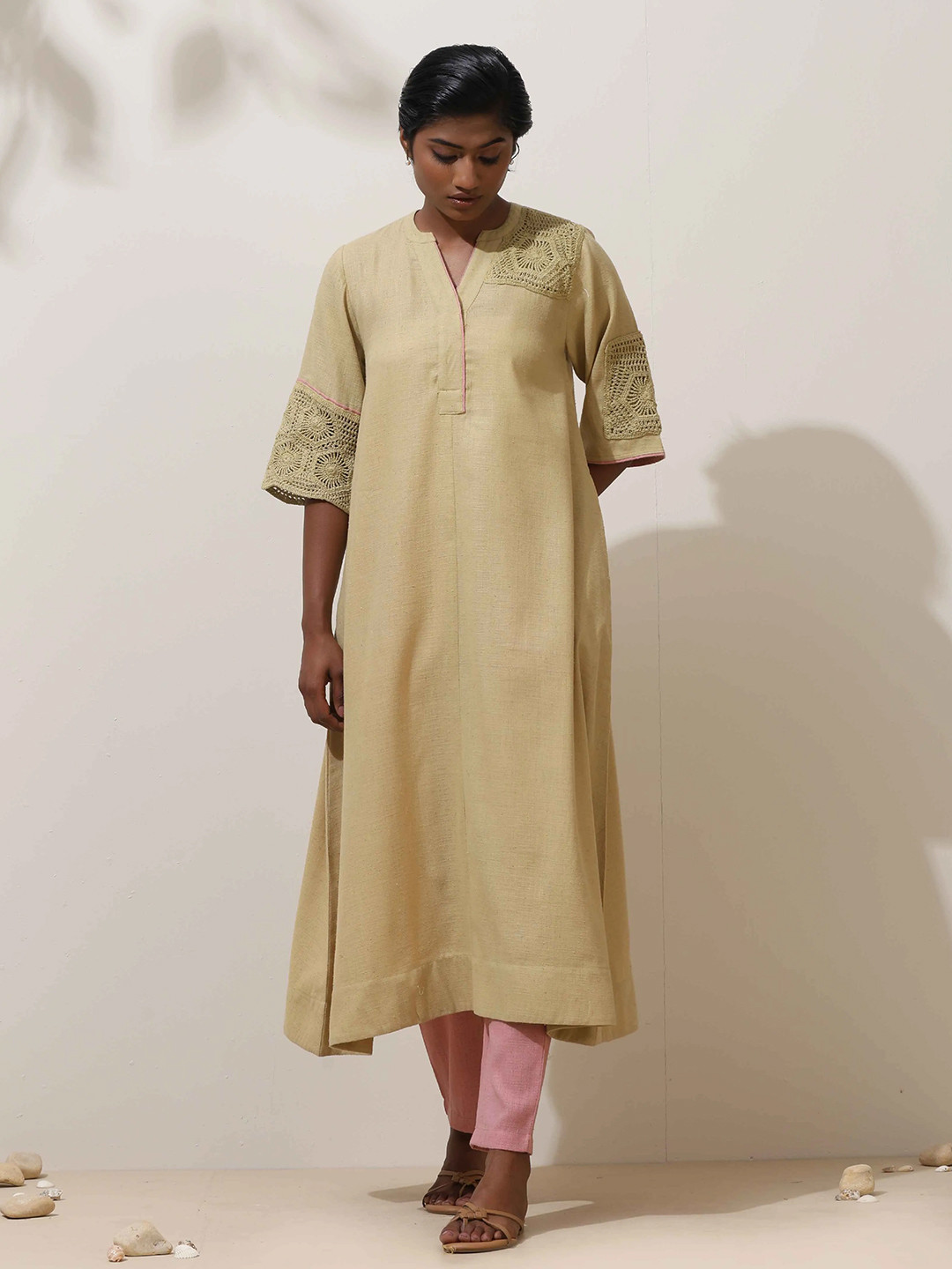 trueBrowns Women Souk Yellow Crochet Natural Cotton Kurta Pant Set