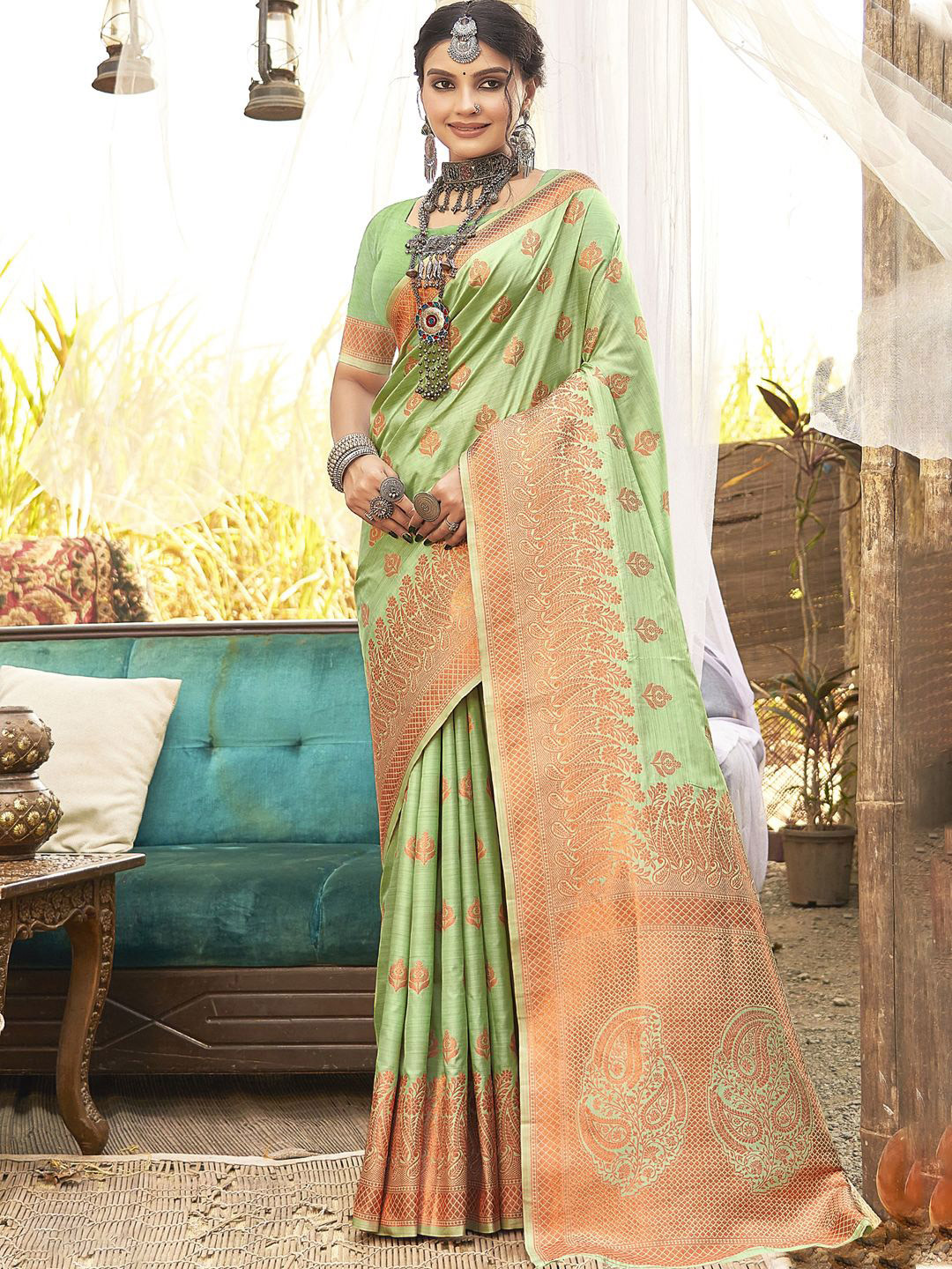 DEVATITHI Pista Green Woven Design Zari Silk Saree