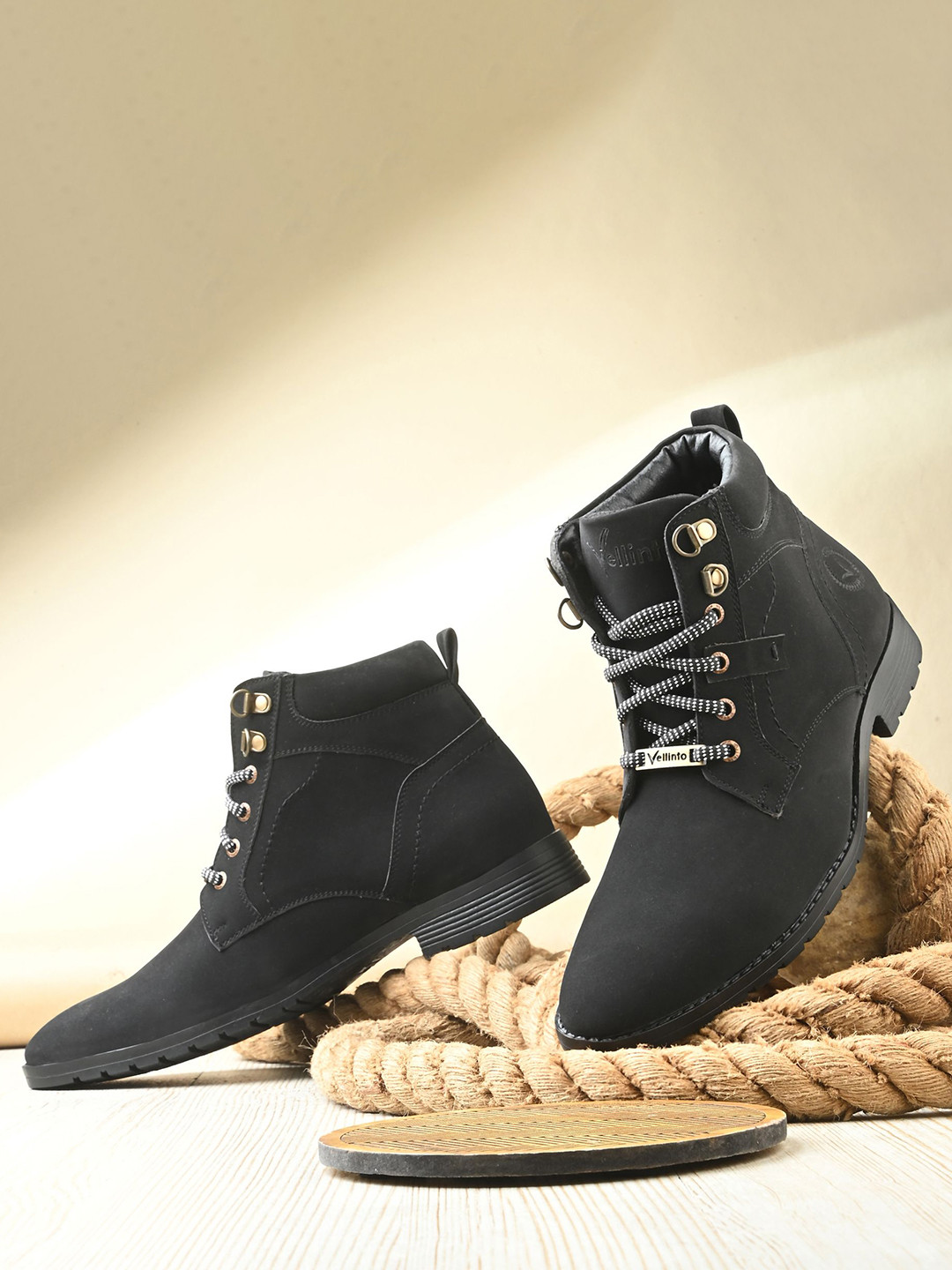 Vellinto ROADBURNER Men Round Toe Lace-Ups Biker Boots With Buckle Detail