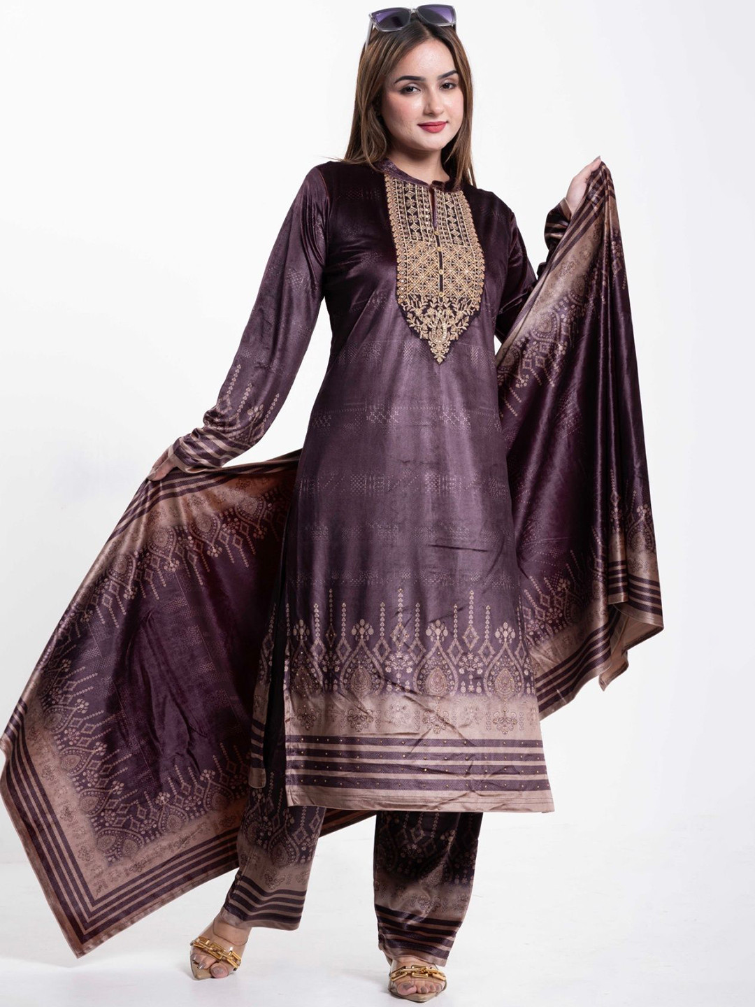 WAABBI SAABBI Floral Embroidered Thread Work Velvet Kurta With Trousers & Dupatta